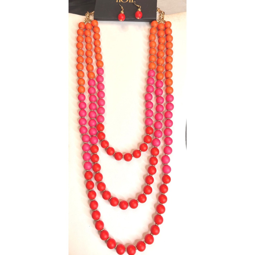 nOir Multi Strand Beaded Statement Necklace and Earring Set Orange Pink‎ Red NEW